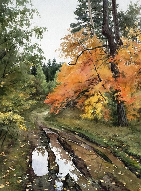 Осенний пейзаж с лесной дорогой 