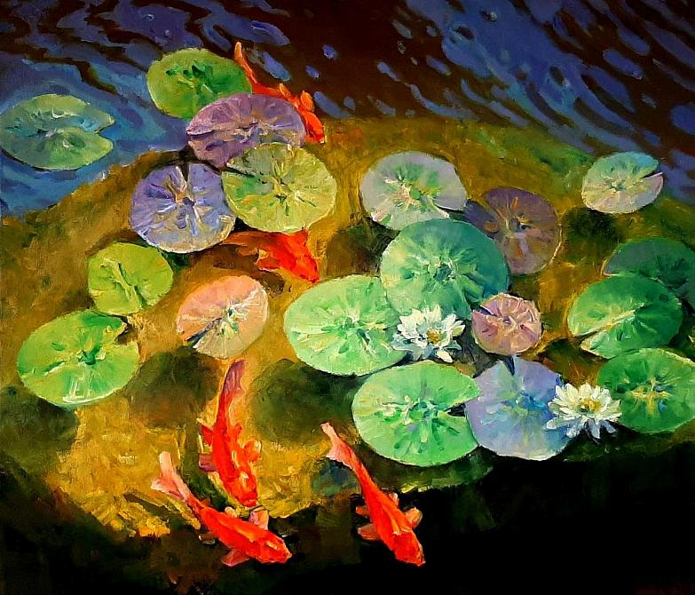 Кувшинки и красные кои над подводным камнем